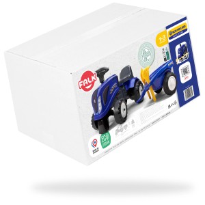 Falk New Holland cavalcabile con rimorchio taglia S nella scatola, blu, con pala e rastrello.