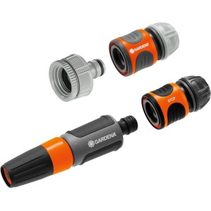 Set pulizia Gardena: pistola, raccordo rubinetto, raccordo tubo e aquastop per tubi da giardino.