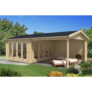 Abri de jardin en bois Alpholz Freiburg-44 avec portes pliantes et terrasse couverte.