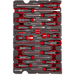 Einhell Werkzeug-Pad avec 17 tournevis dans E-Case, triés dans un support d'outils rouge.