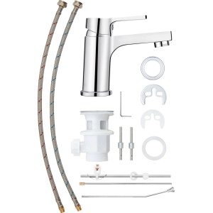 Miscelatore monocomando per lavabo Rovigo cromato con accessori come tubi di collegamento e set di scarico.