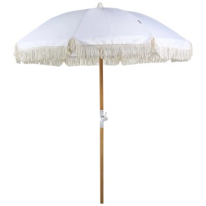 Weißer Beliani Sonnenschirm Mondello mit Fransen und Holzmast.