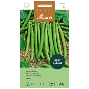 Graines Mauser Haricot grimpant Isabell : Haricots verts sur l'emballage.
