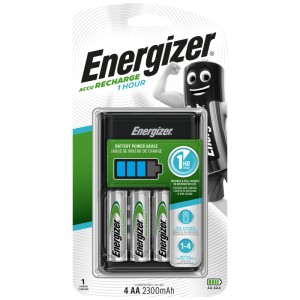 Chargeur rapide Energizer 1h avec 2 piles AA 2300 mAh. Chargeur pour piles AA/AAA avec indicateur de charge.