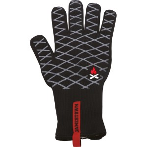 Gant de barbecue Jamestown noir avec motif losanges et logo, résistant à la chaleur jusqu'à 250°C.