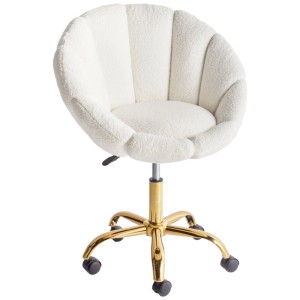 Chaise de bureau Annabelle en bouclé blanc, design coquille, piètement doré et roulettes. Pivotante, réglable.