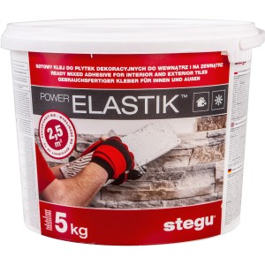 Eimer Stegu Klebemörtel Powerelastik 5 kg für Dekor- und Fassadensteine.
