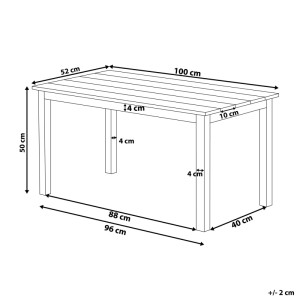 Schizzo tavolo da giardino Messina, legno sintetico marrone, 50x52x100cm, misure e dettagli.