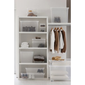 Scatola trasparente Rotho Box Clear Lady Shoe 5 l su uno scaffale, ideale per riporre scarpe e vestiti.