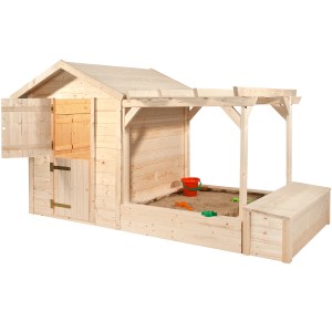 Cabane de jeux Weka Drachenhöhle Tabaluga avec bac à sable et coffre, en bois naturel.