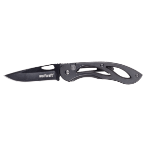 Coltello pieghevole wolfcraft, aperto, con lama liscia da 70mm e impugnatura ergonomica in metallo.