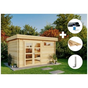 Casetta da giardino in legno Alpholz Leandro-28 con tetto piatto, doppia porta e accessori.