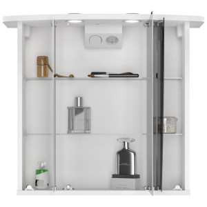 Armoire de toilette à LED Jokey Numa III blanche avec 3 portes miroir, spots LED, prise et étagères en verre.