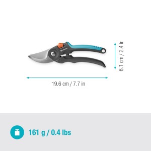 Cesoie bypass Gardena PremiumCut Flex per legno verde, blu-nero, con dimensioni.