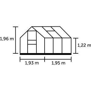Schéma de la serre Halls Popular 66 Alu avec les dimensions de hauteur, largeur et profondeur.
