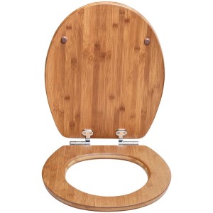 Sedile WC Lyon aperto in MDF con design in bambù scuro e chiusura ammortizzata.
