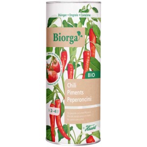 Engrais Chili Biorga Hauert en boîte, pour des fruits piquants et une croissance saine.