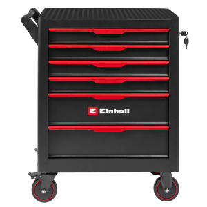 Servante d'atelier Einhell 149 pièces, noir mat, avec 6 tiroirs et assortiment d'outils.