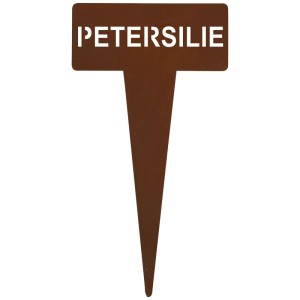 Rostfarbener Kräuterstecker Petersilie aus Metall, 15 cm hoch.