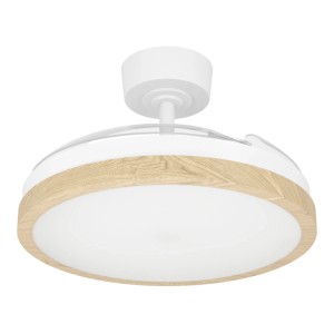 Ventilatore da soffitto LED Eglo Malpica con pale retratte, corpo bianco e bordo effetto legno come plafoniera.