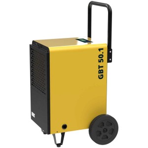 Déshumidificateur Güde GBT 50.1, jaune et noir, 900 W, avec roues et poignée.