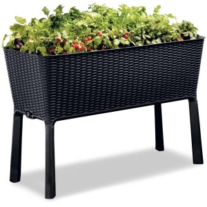 Jardinière surélevée en plastique anthracite avec système d'irrigation, plantée de légumes.