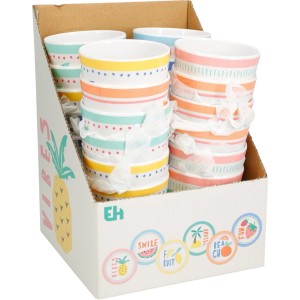 Gobelet en mélamine 350ml, assorti, en boîte présentoir avec motifs de fruits.