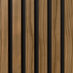 Pannello acustico Nordic Outdoor: Lamelle in termopino con venatura del legno e fughe scure.