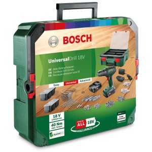 Set avvitatore a percussione Bosch Universal Impact 18V con batteria, caricabatterie e accessori in valigetta.