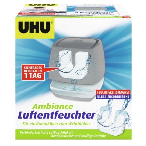 Déshumidificateur UHU Ambiance anthracite en boîte, avec un aimant anti-humidité.