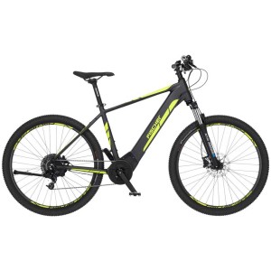 Schwarzes E-Bike MTB Montis 5.0i-S1 Herren 28,5'' mit gelben Akzenten.