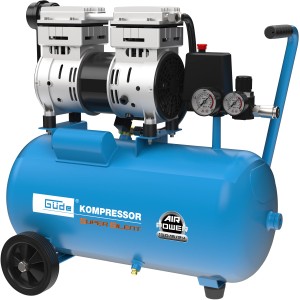 Compresseur bleu Güde Airpower 150/8/24 Silent avec réservoir de 24 l et poignée.