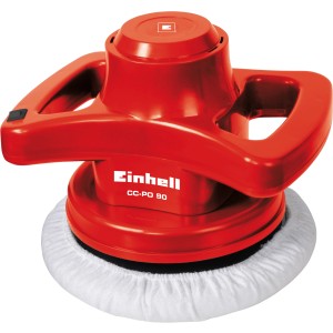 Polisseuse auto rouge Einhell CC-PO 90 avec plateau de polissage et bonnet de polissage textile.