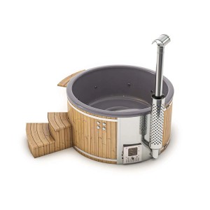 Finntherm Hot Tub Stockholm, blanc crème, Ø 200 cm, avec poêle à bois, marches et minibar.