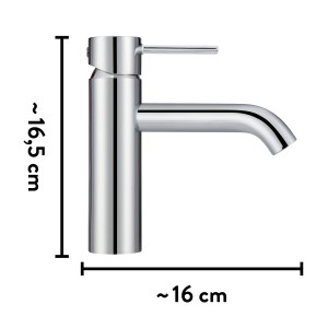 Miscelatore lavabo baliv WT-650 cromato con valvola pop-up e dimensioni.