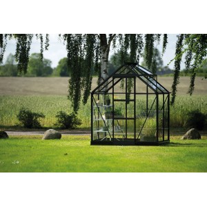 Serra Halls Icon 6 nera con vetro, 2,5 m² in giardino.