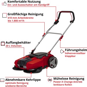 Balayeuse sans fil Einhell TE-SW 18/610 Li Solo : Balayeuse rouge et noire pour cours et allées.