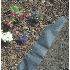 Telo pacciamante Windhager, 5x1,6 m, nero, posato in giardino tra le piante sul terreno.