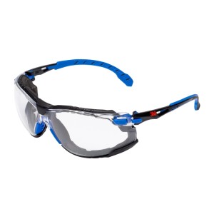 Lunettes de protection 3M Premium Solus avec verre clair, monture bleu et noir. Protection oculaire pour le bricolage.