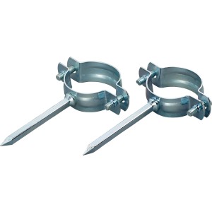 Due collari a staffa zincati (Ø 40-43 mm) con chiodo in acciaio per fissaggio tubi.