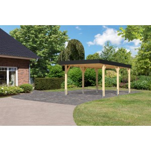 Karibu Einzelcarport aus Leimholz, naturbelassen mit anthrazitfarbener Dachblende im Garten.