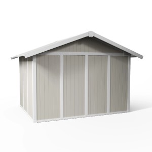 Abri de jardin Grosfillex Utility7,5 gris-vert, cabanon en plastique avec double porte.