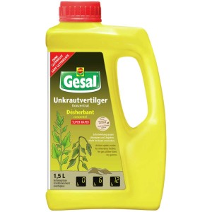 Flacone giallo di Gesal Unkrautvertilger Super-Rapid 1.5l per il controllo delle erbacce.