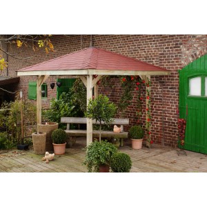 Weka Gartenoase 651: Gazebo da giardino in legno con tetto rosso e panca davanti al muro di mattoni.