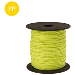 Corde en PP jaune néon (Ø 1,7 mm, 50 m) sur bobine noire.