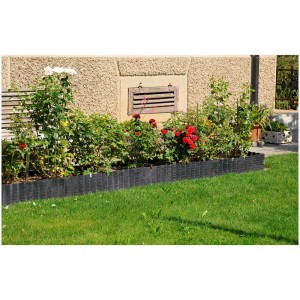Bordure de pelouse en plastique noir entourant un parterre de roses devant un mur de maison.