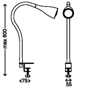 Schéma de la lampe à pince LED blanche Briloner Elasti 3W avec les dimensions de la hauteur et de la plage de serrage.
