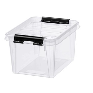 Transparente SmartStore Aufbewahrungsbox Classic 1,5 l mit Deckel und schwarzen Clips.