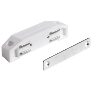 Loquet magnétique XXL en plastique blanc avec contre-plaque pour meubles, 2 pièces.
