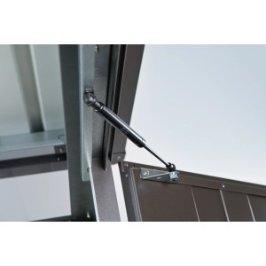 Vérin à gaz Biohort 75N, 34 cm, noir, monté sur la porte de l'abri de jardin pour une ouverture amortie.